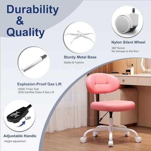 Misolant Vanity Chair with Back, Small Armless Cute Office Chair with Wheels and Lumbar Support, Comfy PU Leather Desk Computer Chairs with Adjustable Height, 360°Swivel for Home Bedroom Office, Pink - color: Pink