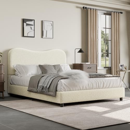 GarveeHome Full Size Bed Frame with Boucle Fabric, Beige | Upholstered Headboard, Low Profile, Sturdy Platform Bed, Rounded Corners Design, Noise Free, No Box Spring Needed - color: Beige, size: Full