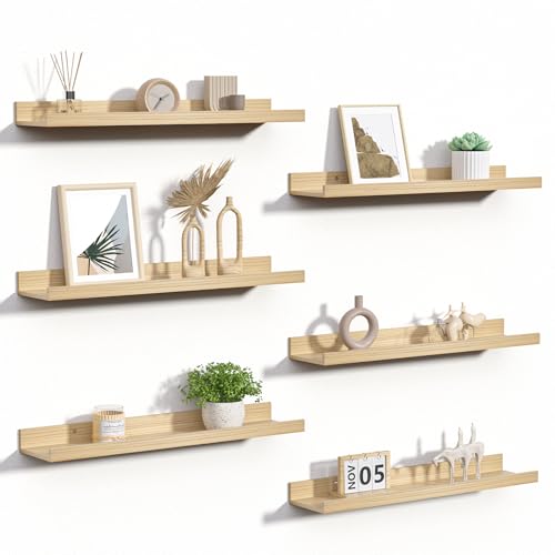 upsimples Floating Shelves for Wall Decor Storage, Natural, 6Pcs, 23.6'' | Wall Mounted Wood Shelves for Living Room, Bedroom, Bathroom, Kitchen, Office, Nursery Room, Coffee Bar Display and Organize - color: Natural, size: 23.6in