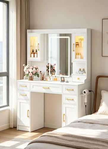 Vanity Desk with Mirror and LED Lights & Power Outlet | Large Makeup Vanity Table with 5 Drawers and 4 Storage Cabinets, White Dressing Table for Bedroom - size: 043 Pure White
