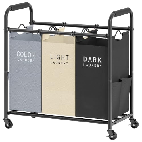 3 Bag Laundry Sorter Cart, Laundry Hamper 3 Section, 3 Colors | 147L Large Capacity, Removable Laundry Bags, Laundry Basket, Heavy Duty Lockable Rolling Wheels, For Clothes Storage - color: GreyWhiteBlack, size: 3 Bag