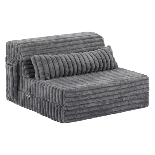 Folding Sofa Bed Twin Size, Convertible Sleeper Chair Mattress with Pillow, Thick Corduroy Floor Mattress Couch Bed with Side Pocket, Guest Room, Dorm, Apartment, Grey - color: Corduroy Gray, size: Twin Size