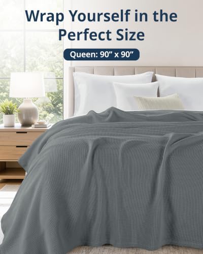 LANE LINEN Queen Size Blankets for Bed - 300 GSM Cotton - Soft & Cozy Blankets - Breathable, Classic Waffle Texture & Durable Warm Blanket - Everyday Bed Use & Relaxing on Couch - 90"x90" - Sharkskin - color: 08: Sharkskin, size: Queen