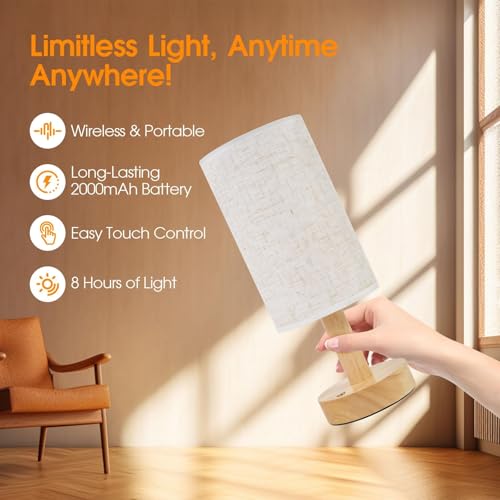 Rechargeable Cordless Table Lamp,Touch Control&Stepless Dimming,Wireless Bedside Ambient Night Light with Wood Base&Linen Shade,Portable Battery Lamp for Bedroom,Nightstand,Nursery,Camping,Outdoor