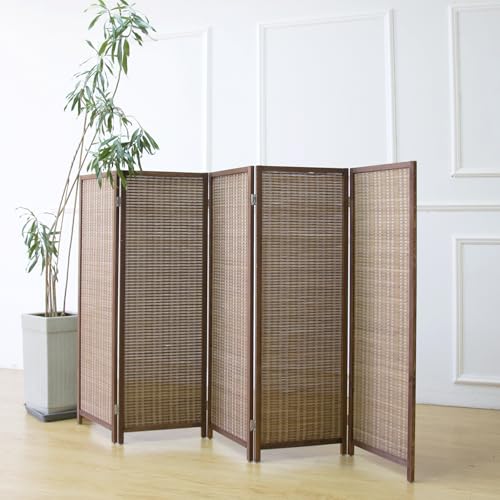 5 Panel Short Room Divider Screen,Brown Freestanding Partition,Small Bamboo Panel Divider for Room Seperation,3.95 FT Tall - color: Brown, size: 5 Panel