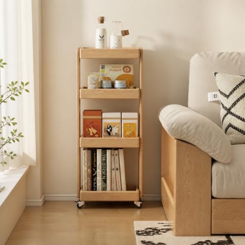 Small Narrow Side Table with Wheels, Skinny End Table for Small Spaces, 4 Tier Side Table for Living Room Bedroom(Natural, 11.81" D x 15.75" W x 31.89" H) - color: Natural, size: 11.81"D x 15.75"W