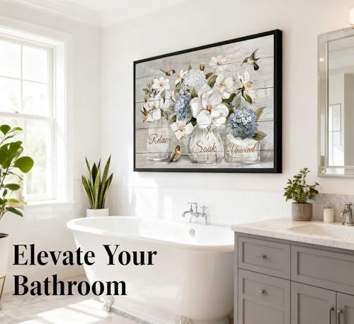 Framed Bathroom Floral Wall Art Farmhouse Bathroom Wall Decor Rustic Hummingbird Flowers Picture Wall Decor Relaxing Soaking Canvas Prints for Bathroom painting 16x12 inch - color: Hydrangea, size: 12"L x 16"W