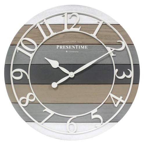Modern Farmhouse Shiplap Clock | 19.5-Inch Multicolor Woodgrain Shiplap Wall Clock, White Arabic Numerals, Farmhouse Décor for Home & Office - color: White With Multicolor Woodgrain
