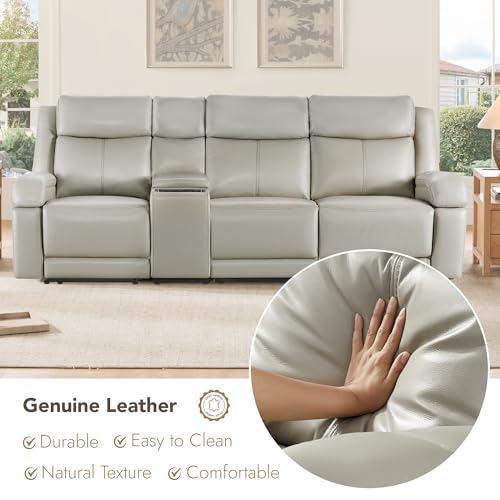 Watson & Whitely Wall Hugger Power Reclining Sofa with Console, Grey | Genuine Leather Recliner Sofa, Power Headrests, Center Storage Console, Cup Holders, 3-Seater Couch, Living Room & RV - color: Grey, style: 3 Seater Sofa (with console)