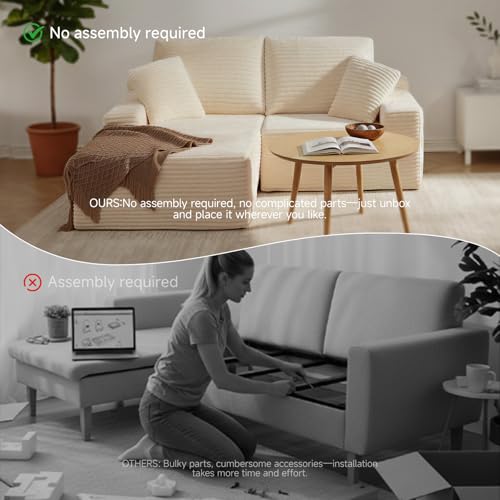 75" Cloud Modular Boneless Couch, Left Facing L-Shaped Chaise Sectional Sofa - No Assembly Required, Plush Corduroy & Memory Foam, for Living Room Bedroom Apartment (Beige) | Left Facing Chaise,No Assembly,Corduroy Fabric, High-Density Foam, Dorm Room, Ap