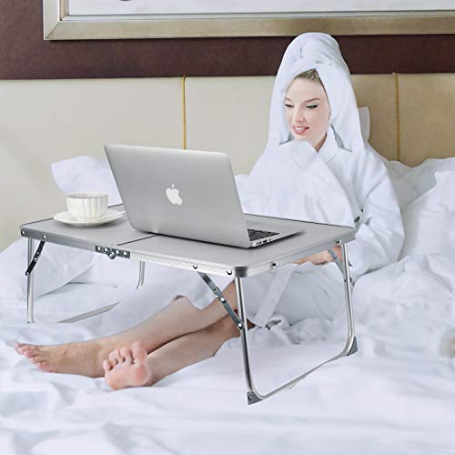 RAINBEAN Foldable Laptop Table for Bed Lightweight Breakfast Bed Tray Portable Mini Picnic Storage Space Standing Holder, Folding Leg Desk Notebook Lap Table for Kids Reading -Silver
