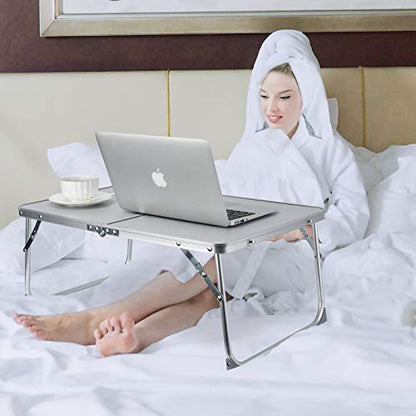 RAINBEAN Foldable Laptop Table for Bed Lightweight Breakfast Bed Tray Portable Mini Picnic Storage Space Standing Holder, Folding Leg Desk Notebook Lap Table for Kids Reading -Silver