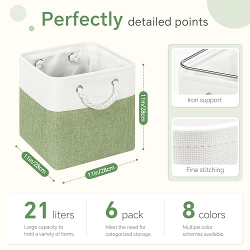 FinishingBo 11 inch Cube Storage Bin with Handles 6 Pack | Foldable Basket, Fabric Storage Bins, Closet Storage, Home Organizer (White/ Green) - color: White/Green-6 Pack