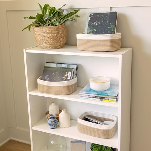 NaturalCozy 11.8"x8"x4.5” Storage Baskets for Shelves 3 Pack | Cotton Rope Woven Small Baskets for Organizing | Small Storage Bins for Nursery, Bathroom, Closet, Cube Shelf, Decorative, Gift Basket - color: Off White & Tan Brown, size: 11.8" x 8" x 4.5"