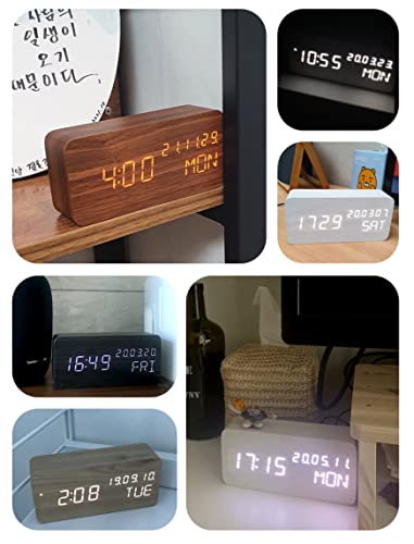 Wood Digital Alarm Clock Desk Time, Date(MM/DD/YY), Day of The Week, Temperature, Nightlight Large LED Display Portable Lamp Bedroom, Office, School, Home, Livingroom, Room (Brown) - color: Brown