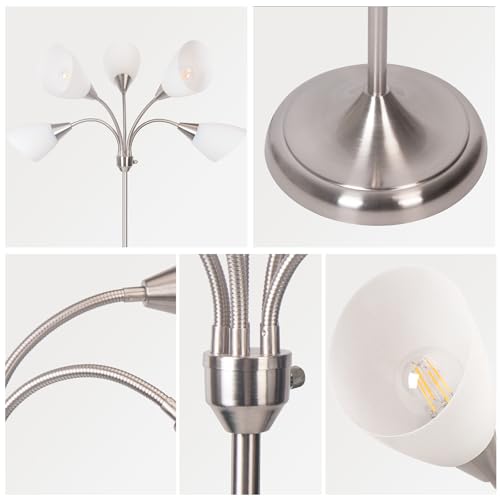 Floor Lamp, 5 Adjustable Neck Heads with Lampshades, Multi-Light Standing Reading Lamp for Living Room, Bedroom, Office - color: Satin Nickel