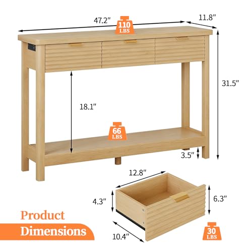 Fluted 47.2" Console Table with Outlets and USB C, Narrow Entryway Table with 3 Drawers, Boho Wood Sofa Table Behind Couch for Living Room, Natural Oak - color: Entryway Table-oak