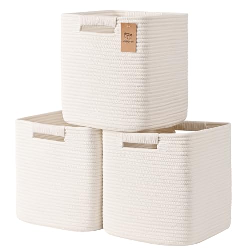 11 Inch Storage Cubes, 3 Pack Cube Storage Bins for Organizing, Cotton Rope Woven Baskets for Shelves, Bathroom, Kids Room, Closets, Baby Nursery - color: White, size: 11"×11"×11" - 3Pcs