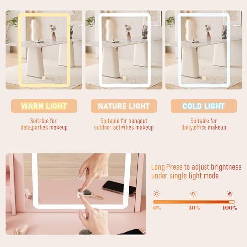 Vanity Desk with Mirror and LED Lights, Makeup Vanity Set with Power Outlet, and Stool,Jewelry Storage,Pink Vanity Desk for Bedroom - style: Pink
