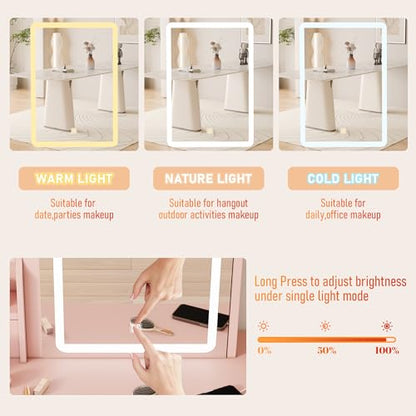 Vanity Desk with Mirror and LED Lights, Makeup Vanity Set with Power Outlet, and Stool,Jewelry Storage,Pink Vanity Desk for Bedroom - style: Pink