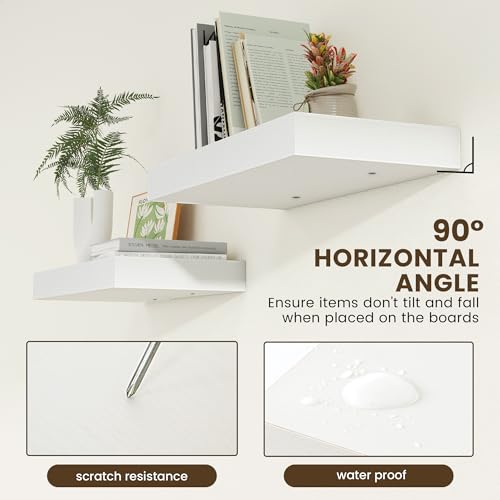 Deep Floating Shelves, 24'' x 12'' White Shelves for Wall Set of 2 | Invisible Brackets, Engineered Wood, Mounting Hardware Included, 40LBS, Bathroom, Laundry Room, Kitchen, Living Room - color: White, size: 24W x 11.6D x 2H, 2 Pack