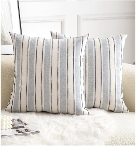 Cethom Decorative Boho Throw Pillow Covers, Farmhouse Textured Pillow Case, 22 x 22 Inch Set of 2, Chair Sofa Bedroom Living Room Home Decor Couch Cushion Case, Classic Blue and Beige Striped - color: Classic Blue, size: 22" x 22" (Pack of 2)