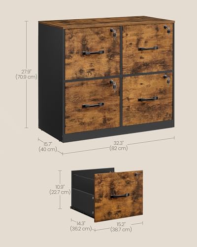 VASAGLE 4-Drawer Lateral File Cabinet, Compact, Locking, Printer Stand | Home Office, A4, Letter-Size Hanging File Folders, Rustic Brown and Ink Black, CUSTOS Collection UOFC062B01 - color: Rustic Brown + Ink Black, size: 4 Drawers with Lock