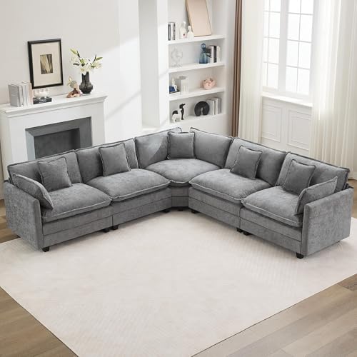 113'' V Shaped Cloud Sectional Sofa, Oversized Deep Seat Couches for Living Room, Chenille Comfy Upholstered Modular Sectional Sofa Couch, Grey - color: Grey, size: 113'' V Shape