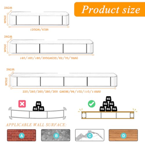 86 inch Floating TV Stand Wall Mounted TV Cabinet Floating Shelves with Door Entertainment Media Console Solid Wood Modern Living Room Round Corner TV Stand (Wood+White, 220CM) - color: Wood+white, size: 220CM