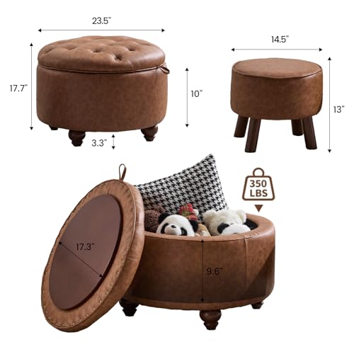 24Inch Round Storage Ottoman, Set of 2, Modern PU Leather Coffee Table with Removable Top, Upholstered Ottoman with Storage Footrest Stool for Living Room, Bedroom (Brown) - color: Brown