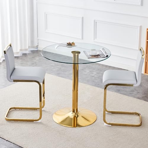3-Piece Round Bar Table Set,Counter Height Dining Table Set,35" Tempered Glass Pub Table and Light Grey Chairs,Round Gold bar Table Set for 2 for Small Spaces,Bistro,Kitchen,Cafe(36" H - color: Gold&light Grey
