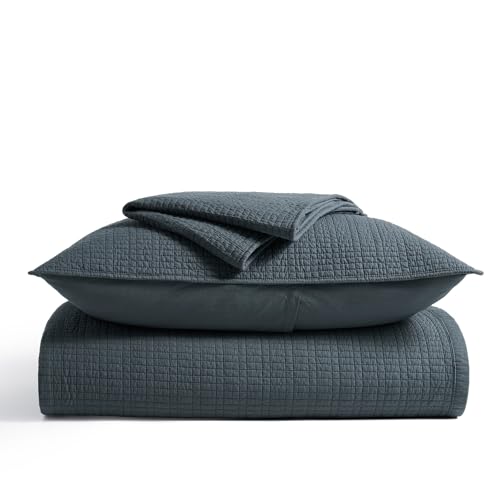 100% Cotton Modern Grid Stitch Quilt Set Queen Size Midnight Blue | Pre-Washed Cotton Coverlet Bedspread, Oversized Lightweight 3-Piece Bedding Set for All Season, with 2 Pillow Shams - color: Midnight Blue, size: Full/Queen (96" X 94")