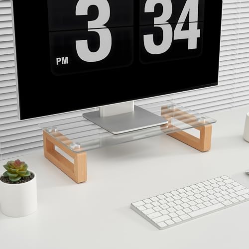 YEOUX Multi-Purpose Desktop Stand, Clear Floating Computer Monitor Riser with Natural Wood Base, Desk Organization Shelf for Printer, Laptop, Audio Device, Flat Screen - color: Beech&Clear