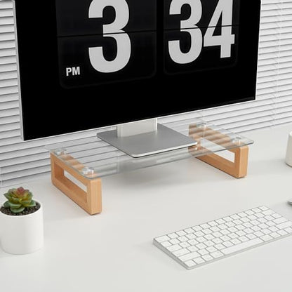 YEOUX Multi-Purpose Desktop Stand, Clear Floating Computer Monitor Riser with Natural Wood Base, Desk Organization Shelf for Printer, Laptop, Audio Device, Flat Screen - color: Beech&Clear