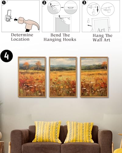 UPWOIGH Autumn Meadow Framed Wall Art, 16 x 24 Inch, Set of 3 | Golden Wildflower Meadow Prints, Warm Autumn Landscape Design, Light Wood Frames for Living Room, Dining Room and Office - color: Gold Autumn, size: 24"L x 16"W