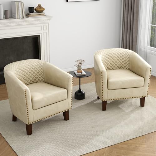 Faux Leather Accent Chair, Modern Barrel Club Chair, Beige | Comfy Upholstered Armchair for Living Room, Round Club Chair Single Sofa Bedroom Reading Seat | 26"D*29"W*29"H - color: Beige