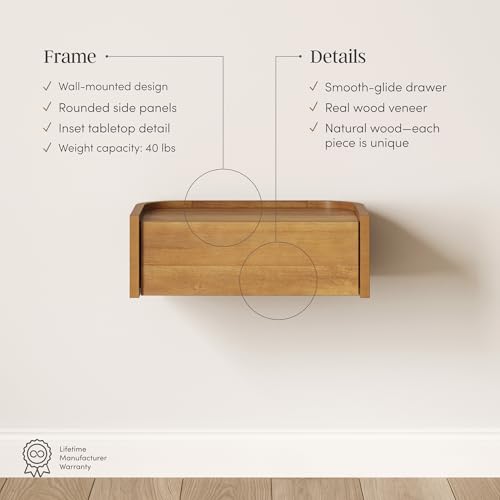 Nathan James Tyla Wall Mounted Bedside Table, Floating 1-Drawer Nightstand with Rounded Edges, Light Brown - color: Tyla Light Brown, size: 1
