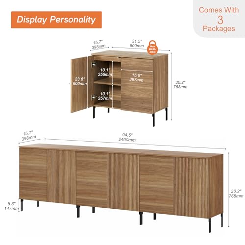 WAMPAT 3 in 1 Modern TV Stand TVs up to 100 inches,Fluted 94.5" W Entertainment Center with 6 Doors Storage and Adjustable Shelves, Wood Media TV Consoles Table with Storage for Living Room,Walnut - color: Walnut, size: 94.5" W
