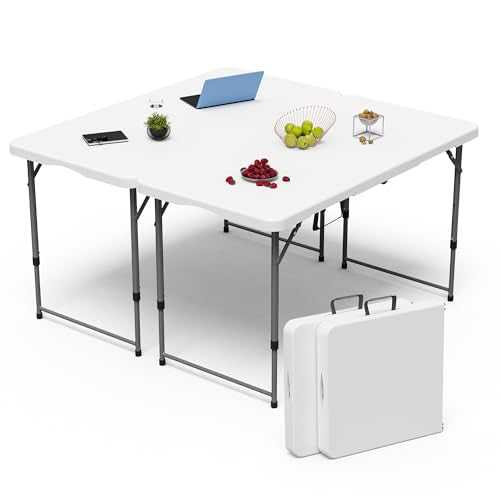 VSOAEIL 4 FT Folding Table 2 Pack Plastic Foldable Table Adjustable Height | 4 Feet Portable Heavy Duty Utility Folding Table with Handle for Picnic Party Dining Camping Indoor Outdoor,White - 4 Foot - color: White, size: 4 FT - 2 PACK