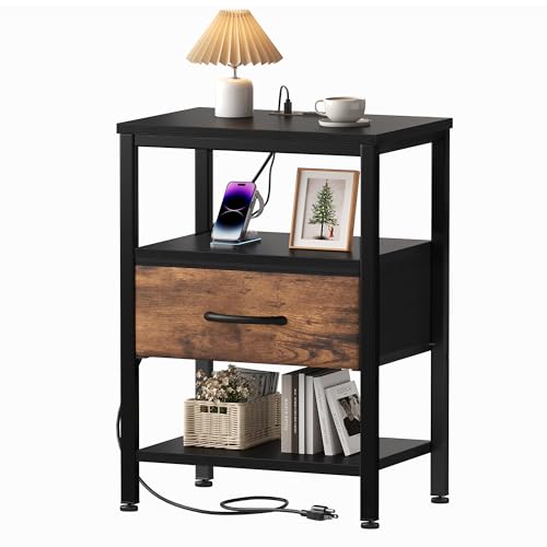OLIXIS Nightstand with Charging Station, Beside Table with Fabric Drawer | 3-Tier End Table with 2 Storage Shelves,Night Stand with USB Ports and Outlets for Bedroom, Black and Rust - color: Black and Brown, size: 15.7"Dx11.8"Wx23.4"H(1 Drawer, 1 Pack)