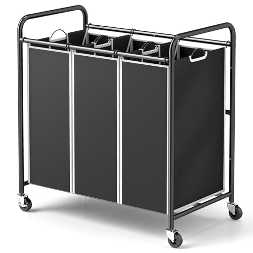 ROMOON Laundry Sorter Hamper 3 Section, Divided Laundry Basket Organizer | Rolling Clothes Hamper with Heavy Duty Lockable Wheels and Removable Bags for Apartment, Dorm & Family, 135L, Modern Black - color: black