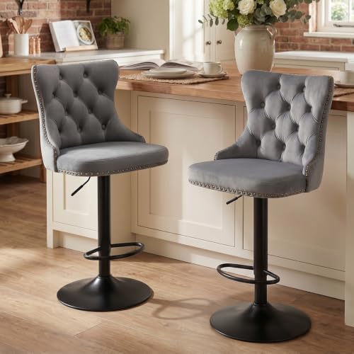 Velvet Bar Stool Set of 2, Adjustable Swivel Bar Stools with Black Metal Leg, Button Tufted, Footrest, Chrome Nailhead, Counter Height Chair for Kitchen, Bar, Dining Room (Grey) - color: Grey-black Leg, size: Set of 2