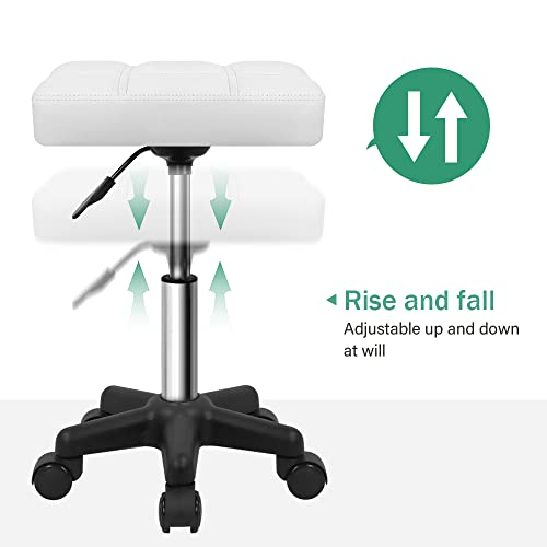FURWOO Square Swivel Stool with Wheels PU Leather Rolling Stool Height Adjustable for Spa Salon Massage White - color: White