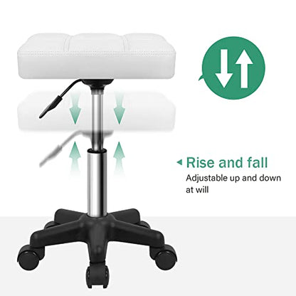 FURWOO Square Swivel Stool with Wheels PU Leather Rolling Stool Height Adjustable for Spa Salon Massage White - color: White