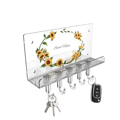 Wall Key Holder for Wall with 5 Hooks, Clear Acrylic Sunflower Design for Mail and Coats, Multi-Purpose Wall Mounted Organizer Shelf, Home Room Wall Decor, Easy to Install
