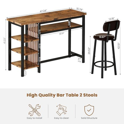 Recaceik 47" Bar Dining Table Set for 2, 3 Piece Bar Table and Chairs Set, Kitchen Counter Height Dining Table Set, Small Kitchen Bar Table with Storage & 2 Stools, Breakfast Nook Set for Small Space - size: 47 inches