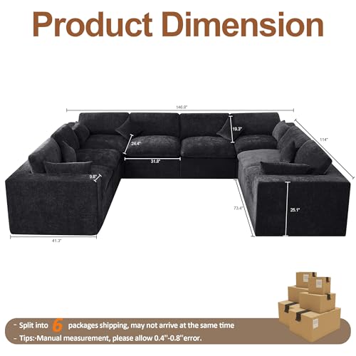 146''Cloud Boneless Sectional Couch, Modular Sectional Sofa Deep Seat, Oversized Upholstered Convertible Comfy 8 Seater Chenille Memory Foam Sofa U Shape Couches for Living Room, Dark - color: Dark, size: 146"/8 Seater