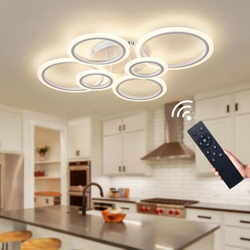 Shine LUEST 60W Modern LED Ceiling Light Fixture, Dimmable LED Chandelier Flush Mount Ceiling Lights Remote Control 6 Acrylic Ring Ceiling Lamp Fixture for Living Room Dining Room Bedroom, 7640LM - color: White, 6 Rings