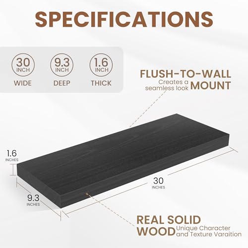 Fun Memories 9 Inch Deep Black Floating Shelves, Farmhouse Rustic Natural Wood Floating Shelf Wall Mounted, 30 x 9 Wall Shelves Set of 2, Deep Black Bathroom Shelves - color: Black, size: 30"W x 9.3"D