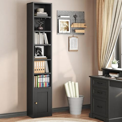 7-Tier Tall Narrow Bookshelf with Door, 11.8 X 9.3 X 70.9 Inches CD DVD Slim Media Tower Rack with Storage Cabinet, Adjustable Shelves, Skinny Bookshelf Display Bookcase for Home Office, Black - color: Black
